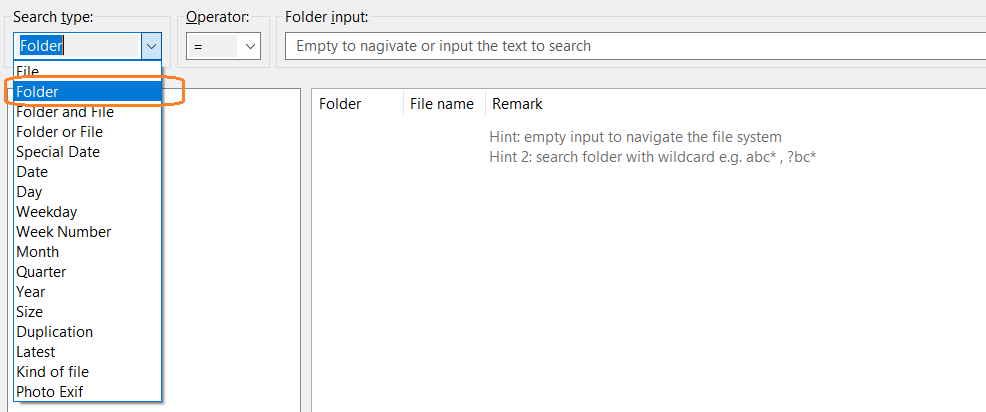 Change the “Search type” to “Folder”
