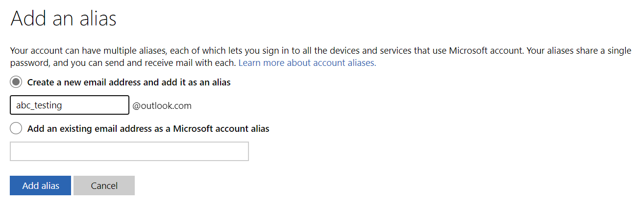 Create a new Outlook.com email address and add it as an alias.